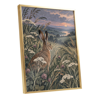 Hare in the Evening Meadow, green, brown, beige nature wall art shown as a gold framed poster wall art print