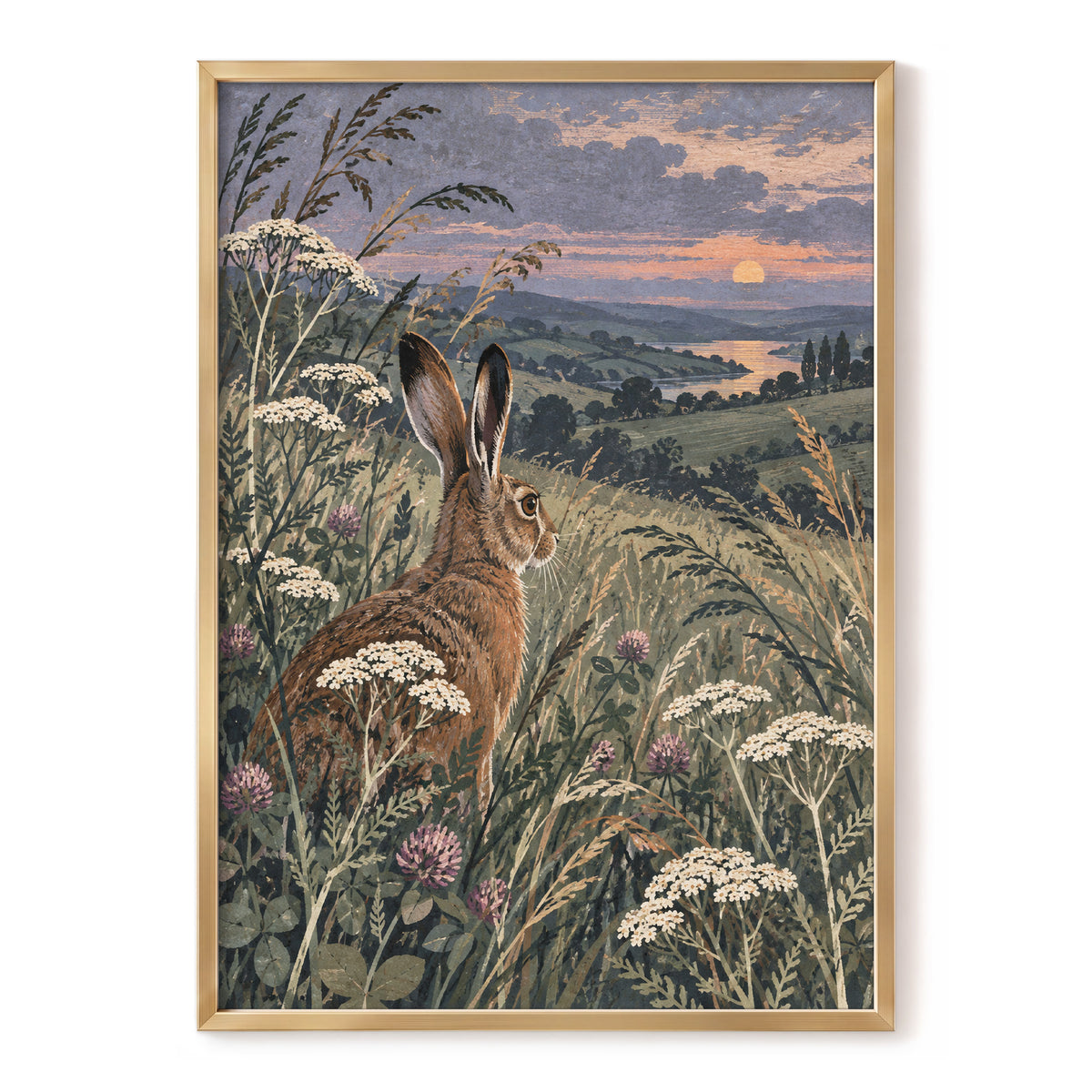 Hare in the Evening Meadow, green, brown, beige nature wall art, front artwork view
