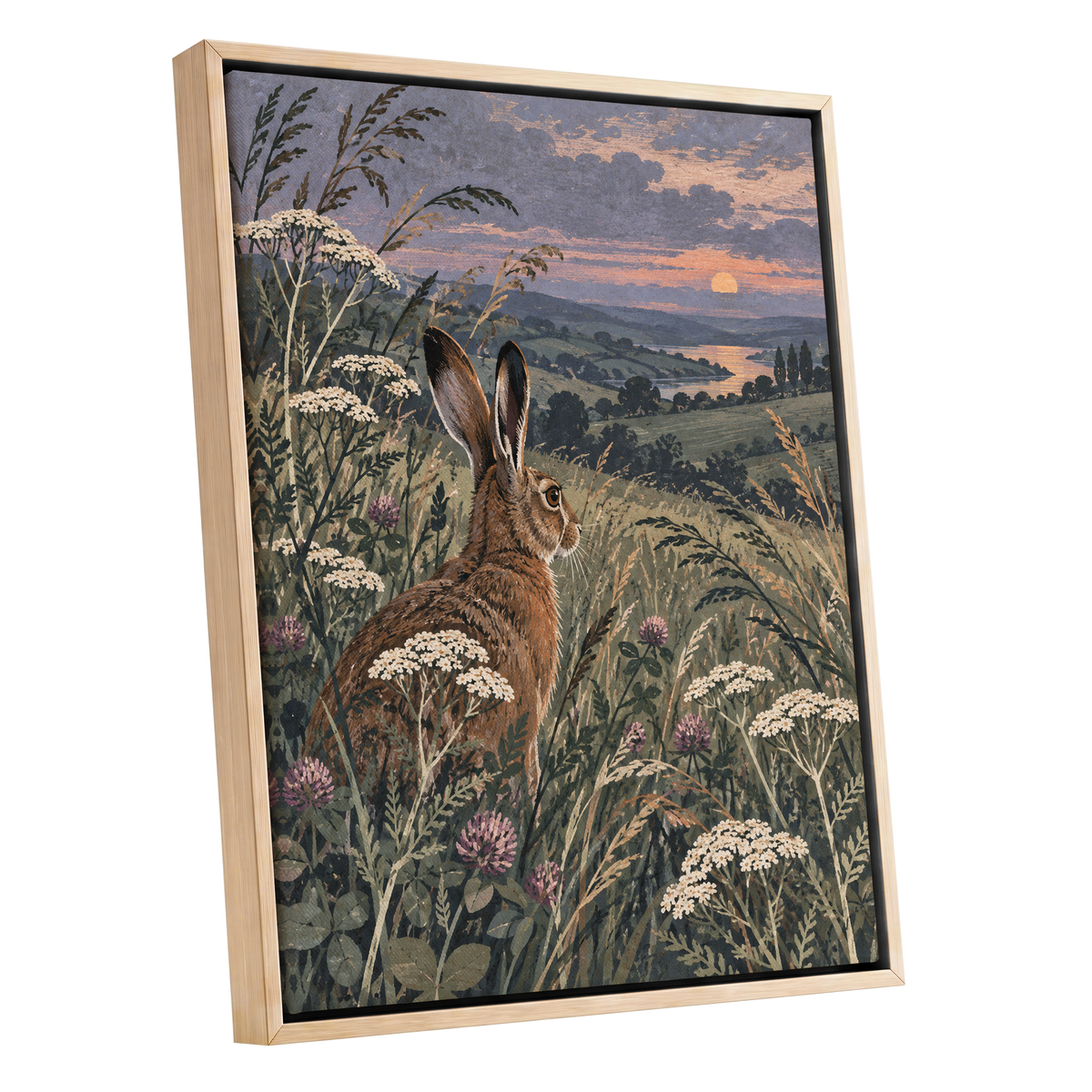 Hare in the Evening Meadow, green, brown, beige nature wall art shown as a oak framed canvas wall art