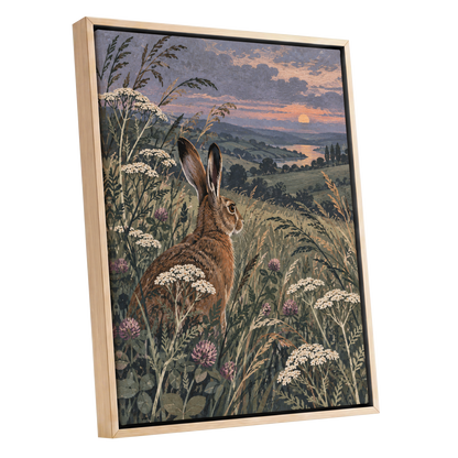 Hare in the Evening Meadow, green, brown, beige nature wall art shown as a oak framed canvas wall art