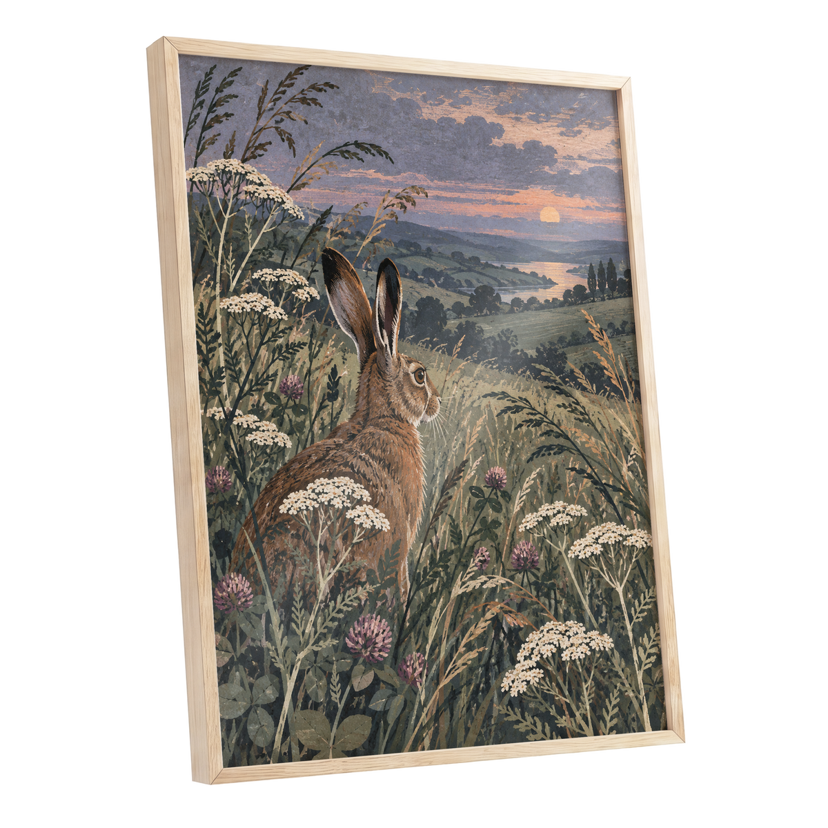 Hare in the Evening Meadow, green, brown, beige nature wall art shown as a oak framed poster wall art print