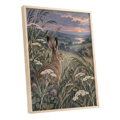 Hare in the Evening Meadow, green, brown, beige nature wall art shown as a oak framed poster wall art print