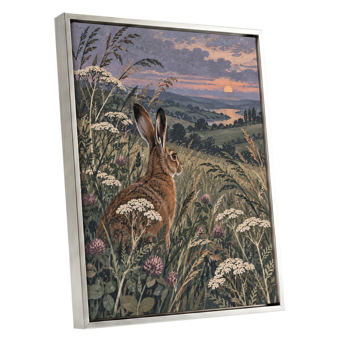 Hare in the Evening Meadow, green, brown, beige nature wall art shown as a silver framed canvas wall art