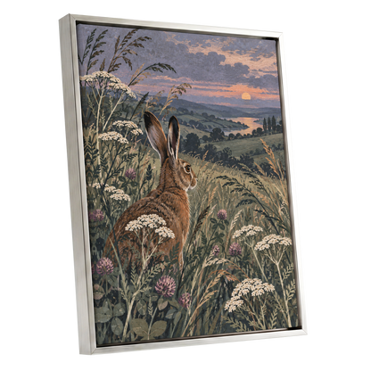 Hare in the Evening Meadow, green, brown, beige nature wall art shown as a silver framed canvas wall art