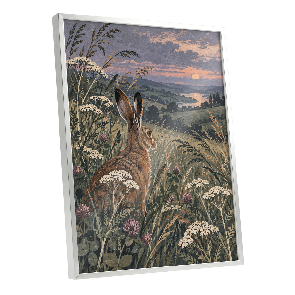 Hare in the Evening Meadow, green, brown, beige nature wall art shown as a silver framed poster wall art print
