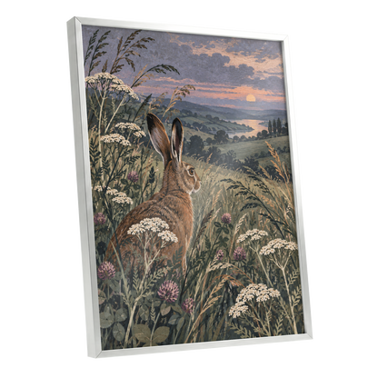 Hare in the Evening Meadow, green, brown, beige nature wall art shown as a silver framed poster wall art print