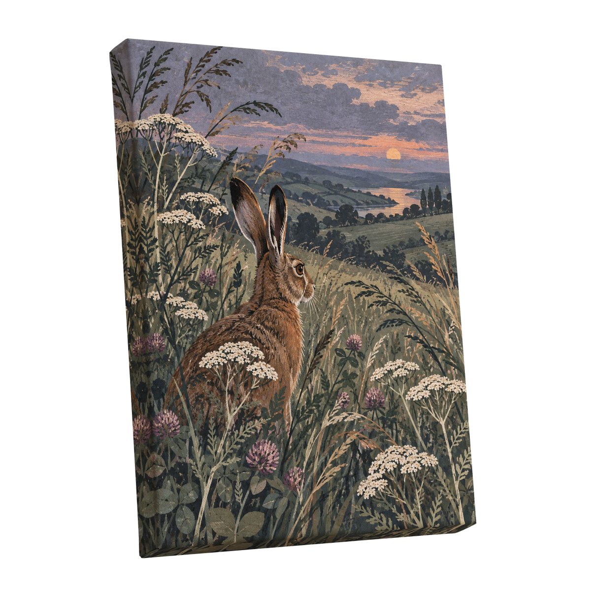 Hare in the Evening Meadow, green, brown, beige nature wall art shown as a stretched canvas wall art