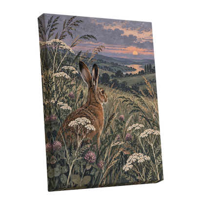 Hare in the Evening Meadow, green, brown, beige nature wall art shown as a stretched canvas wall art