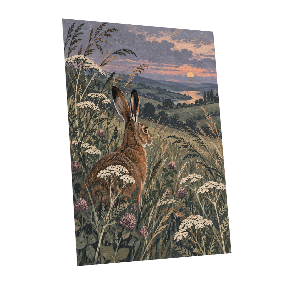 Hare in the Evening Meadow, green, brown, beige nature wall art shown as a unframed poster wall art print