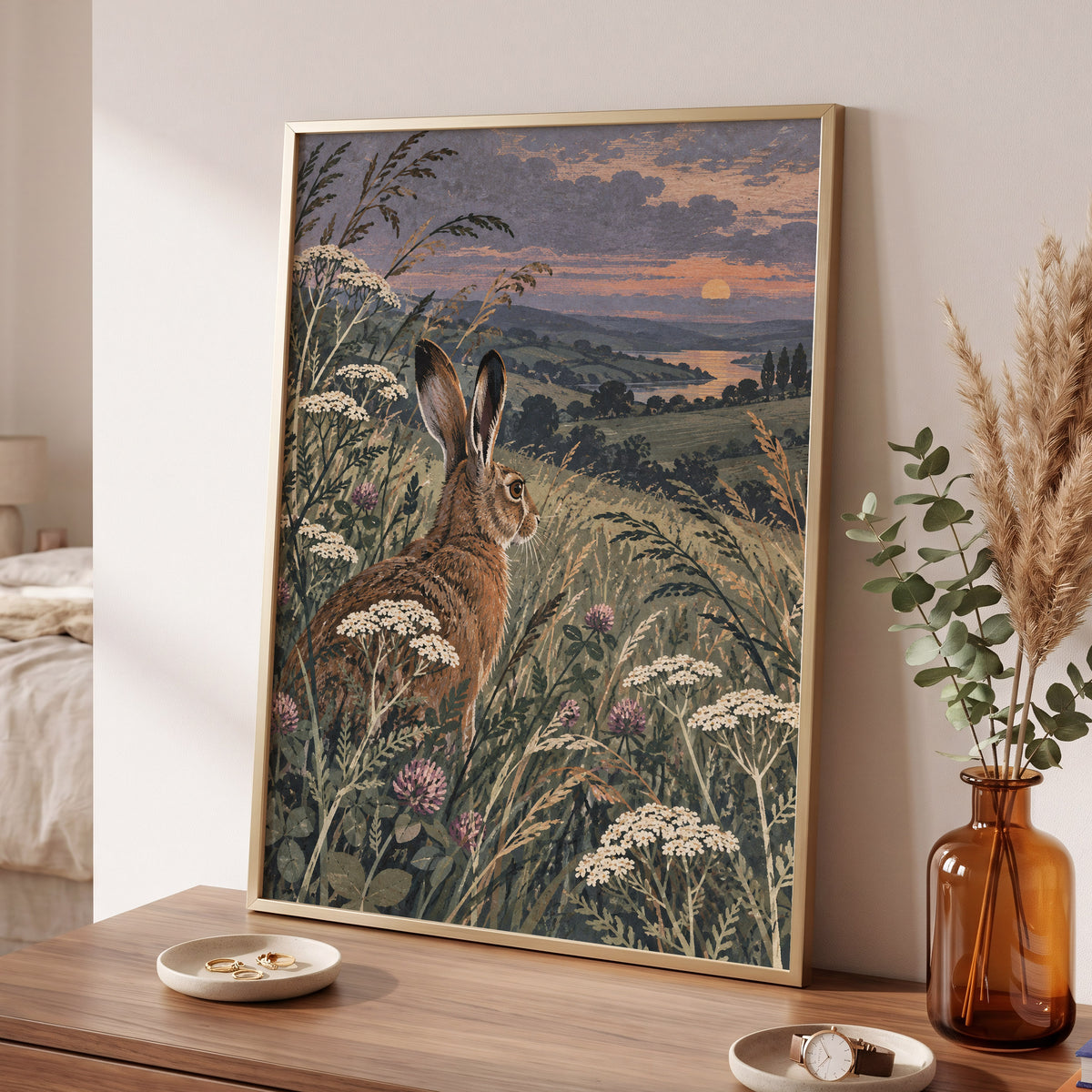 Hare in the Evening Meadow, green, brown, beige nature wall art displayed in a styled interior, gallery view 2