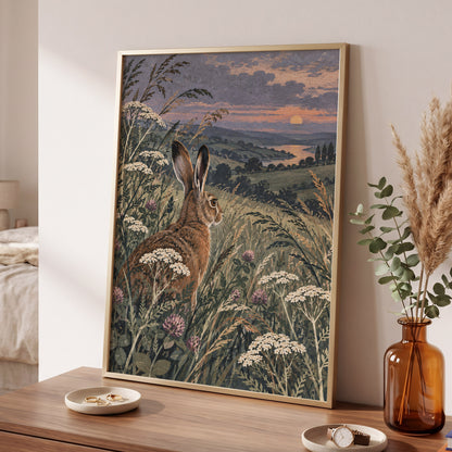 Hare in the Evening Meadow, green, brown, beige nature wall art displayed in a styled interior, gallery view 2