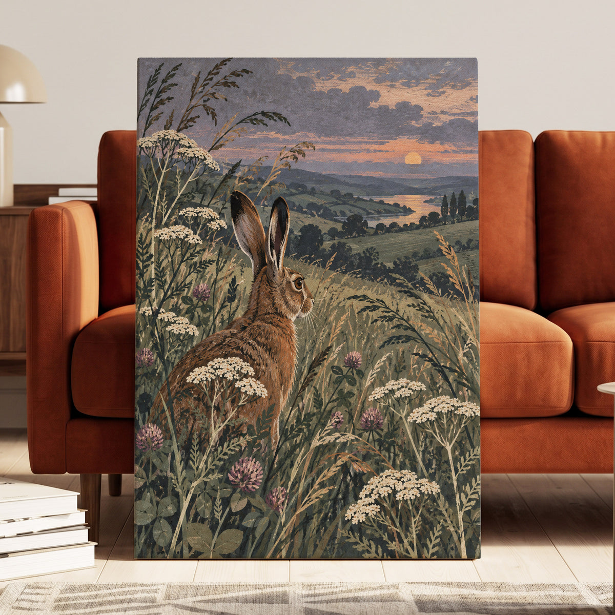 Hare in the Evening Meadow, green, brown, beige nature wall art displayed in a styled interior, gallery view 3