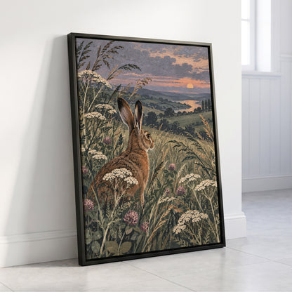 Hare in the Evening Meadow, green, brown, beige nature wall art displayed in a styled interior, gallery view 4