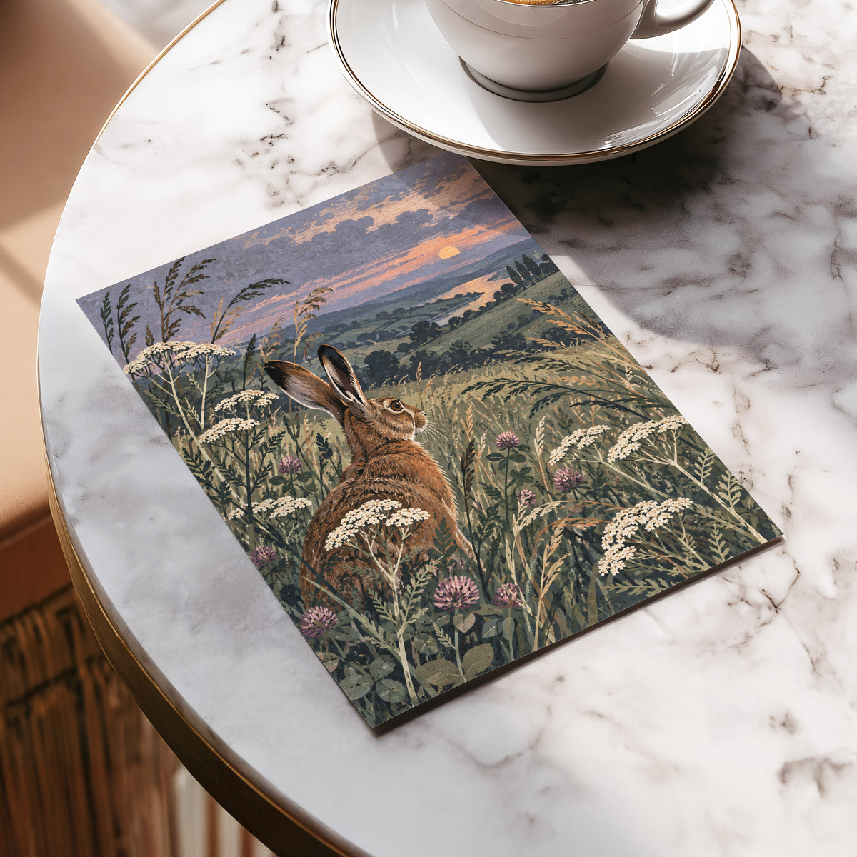Hare in the Evening Meadow, green, brown, beige nature wall art displayed in a styled interior, gallery view 5