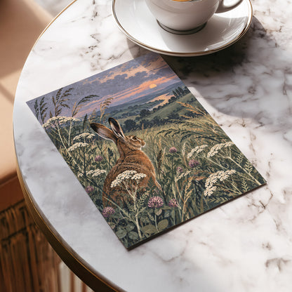 Hare in the Evening Meadow, green, brown, beige nature wall art displayed in a styled interior, gallery view 5