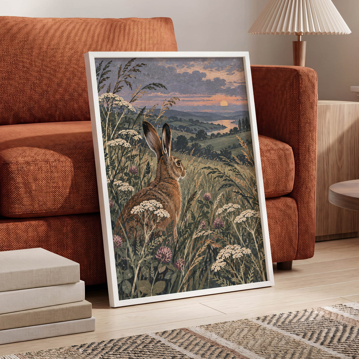 Hare in the Evening Meadow, green, brown, beige nature wall art displayed in a styled interior, gallery view 6