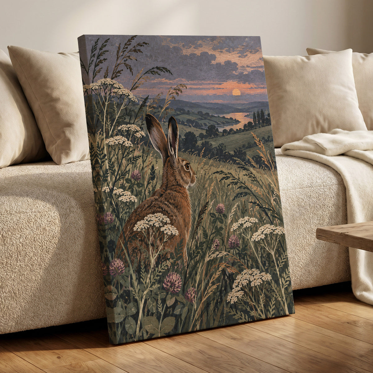 Hare in the Evening Meadow, green, brown, beige nature wall art displayed in a styled interior, gallery view 7