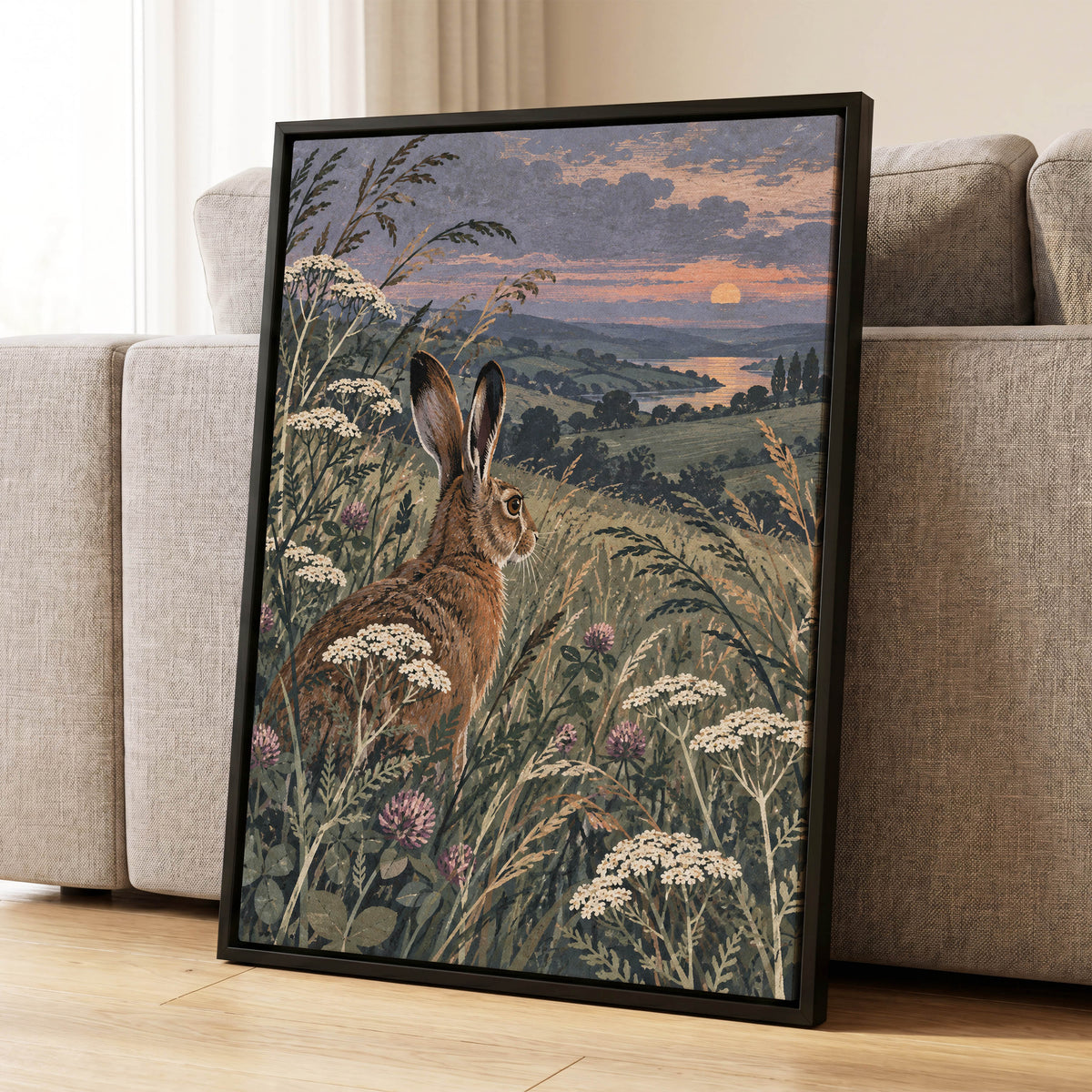 Hare in the Evening Meadow, green, brown, beige nature wall art displayed in a styled interior, gallery view 8