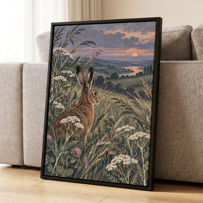 Hare in the Evening Meadow, green, brown, beige nature wall art displayed in a styled interior, gallery view 8