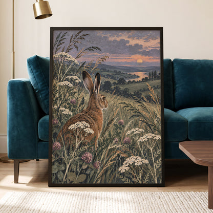 Hare in the Evening Meadow, green, brown, beige nature wall art displayed in a styled interior, gallery view 9