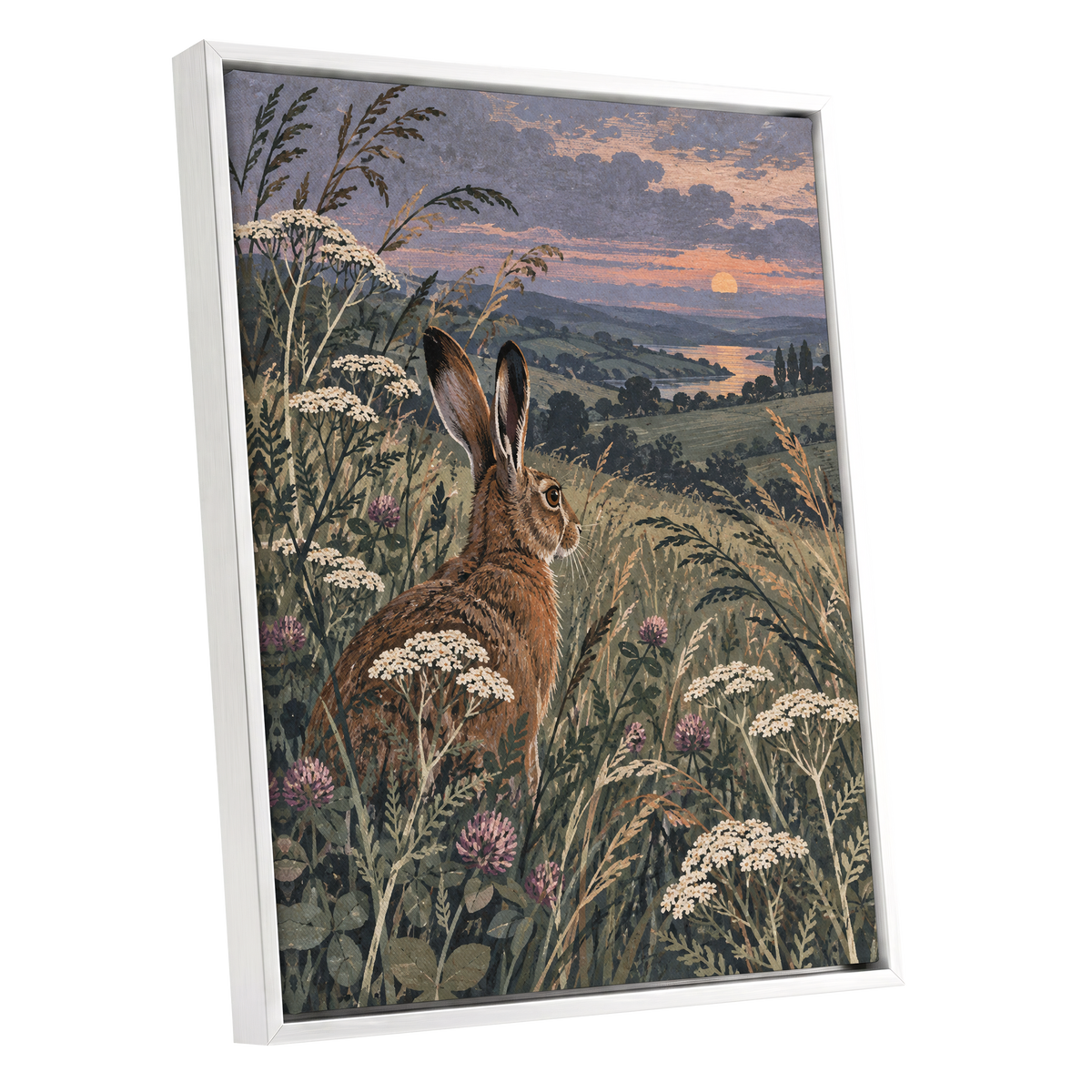Hare in the Evening Meadow, green, brown, beige nature wall art shown as a white framed canvas wall art