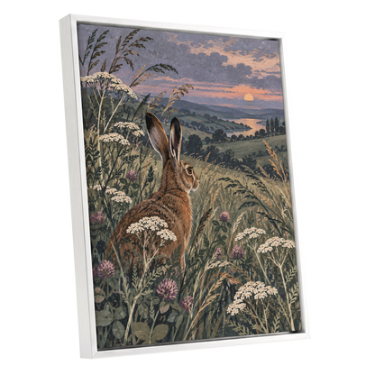 Hare in the Evening Meadow, green, brown, beige nature wall art shown as a white framed canvas wall art