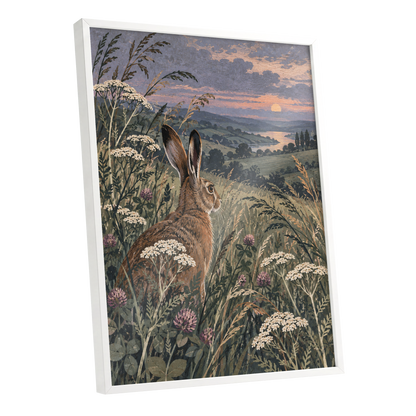 Hare in the Evening Meadow, green, brown, beige nature wall art shown as a white framed poster wall art print
