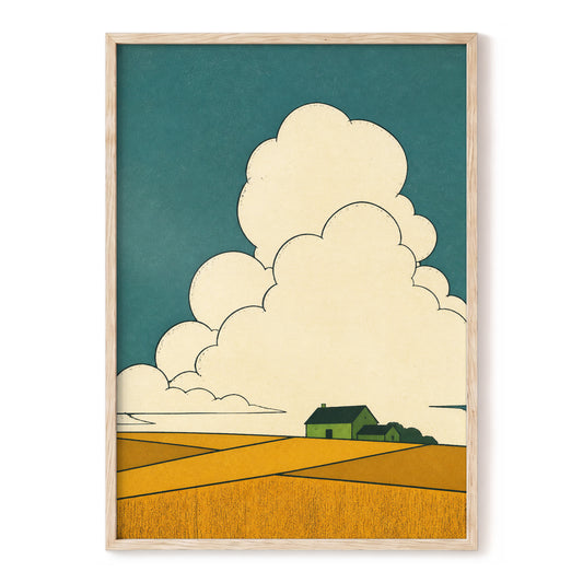 Harvest Cloudscape, beige, gold, green nature wall art, front artwork view
