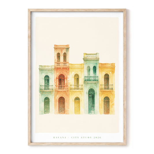 Havana Pastel Façades, beige, green, orange minimalist wall art, front artwork view