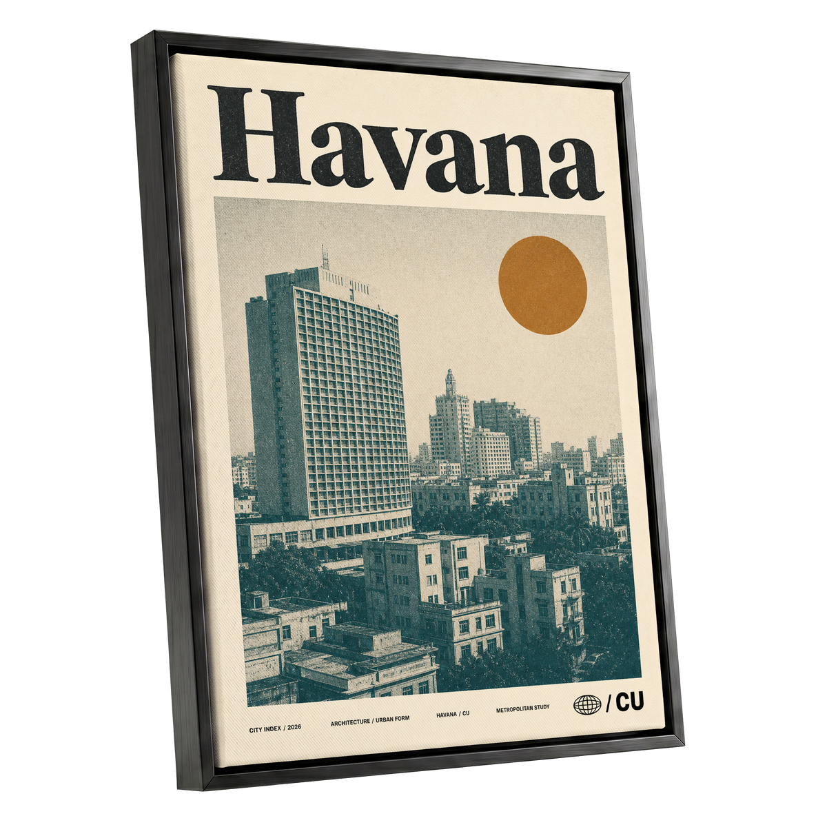 Havana Urban Sun, beige, gold, green minimalist wall art shown as a black framed canvas wall art
