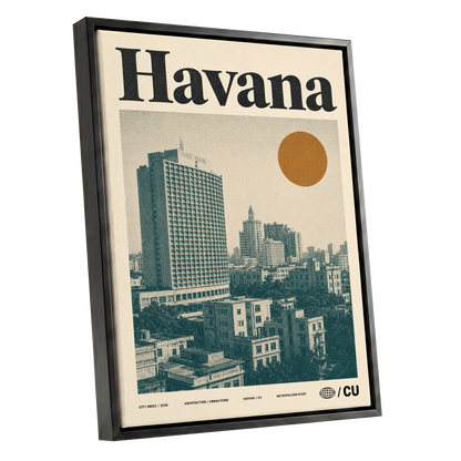 Havana Urban Sun, beige, gold, green minimalist wall art shown as a black framed canvas wall art