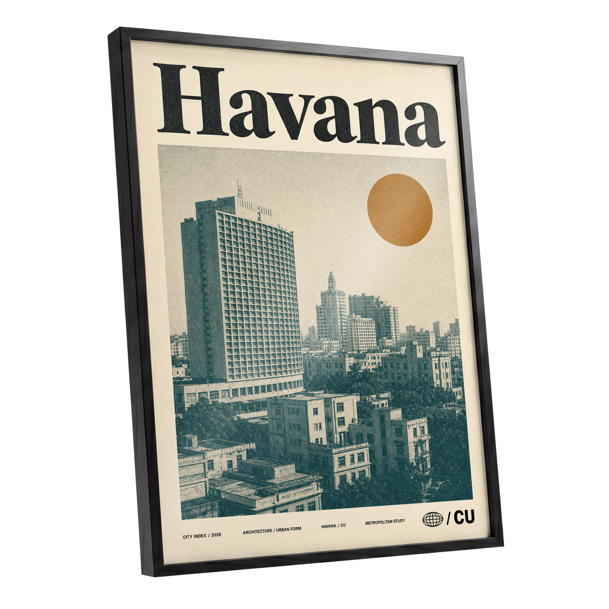 Havana Urban Sun, beige, gold, green minimalist wall art shown as a black framed poster wall art print