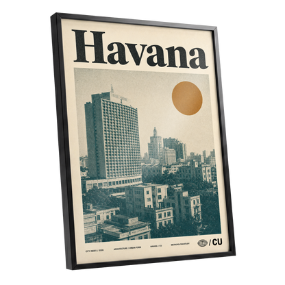 Havana Urban Sun, beige, gold, green minimalist wall art shown as a black framed poster wall art print