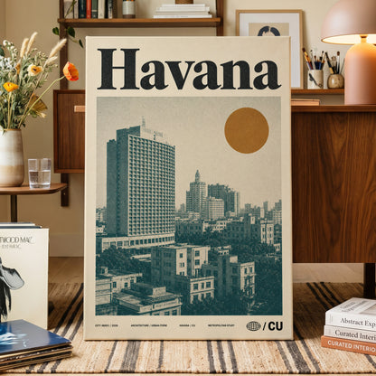 Havana Urban Sun, beige, gold, green minimalist wall art on canvas displayed in a styled interior, gallery view 1