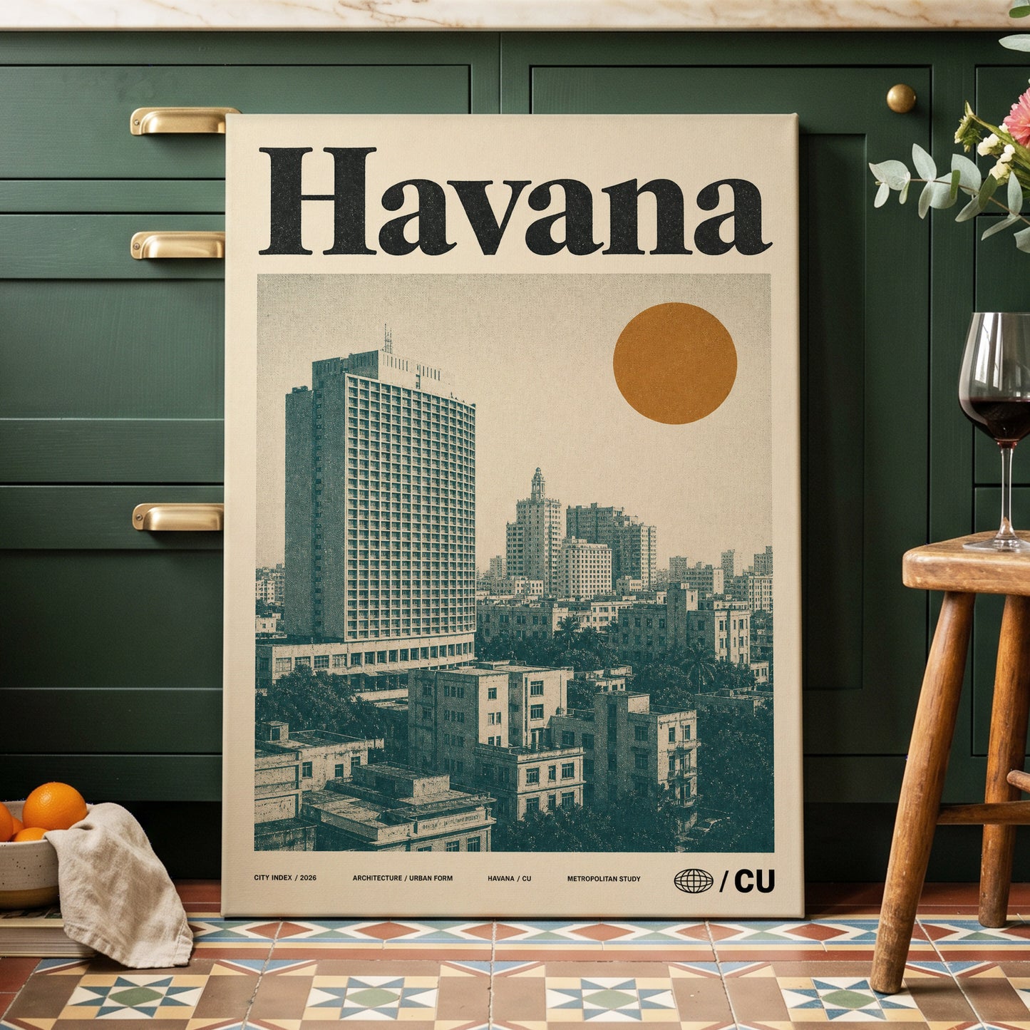 Havana Urban Sun, beige, gold, green minimalist wall art on canvas displayed in a styled interior, gallery view 2