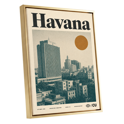 Havana Urban Sun, beige, gold, green minimalist wall art shown as a gold framed canvas wall art