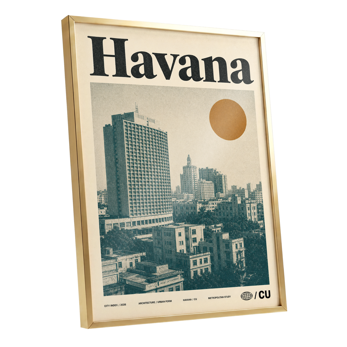 Havana Urban Sun, beige, gold, green minimalist wall art shown as a gold framed poster wall art print