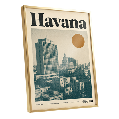 Havana Urban Sun, beige, gold, green minimalist wall art shown as a gold framed poster wall art print