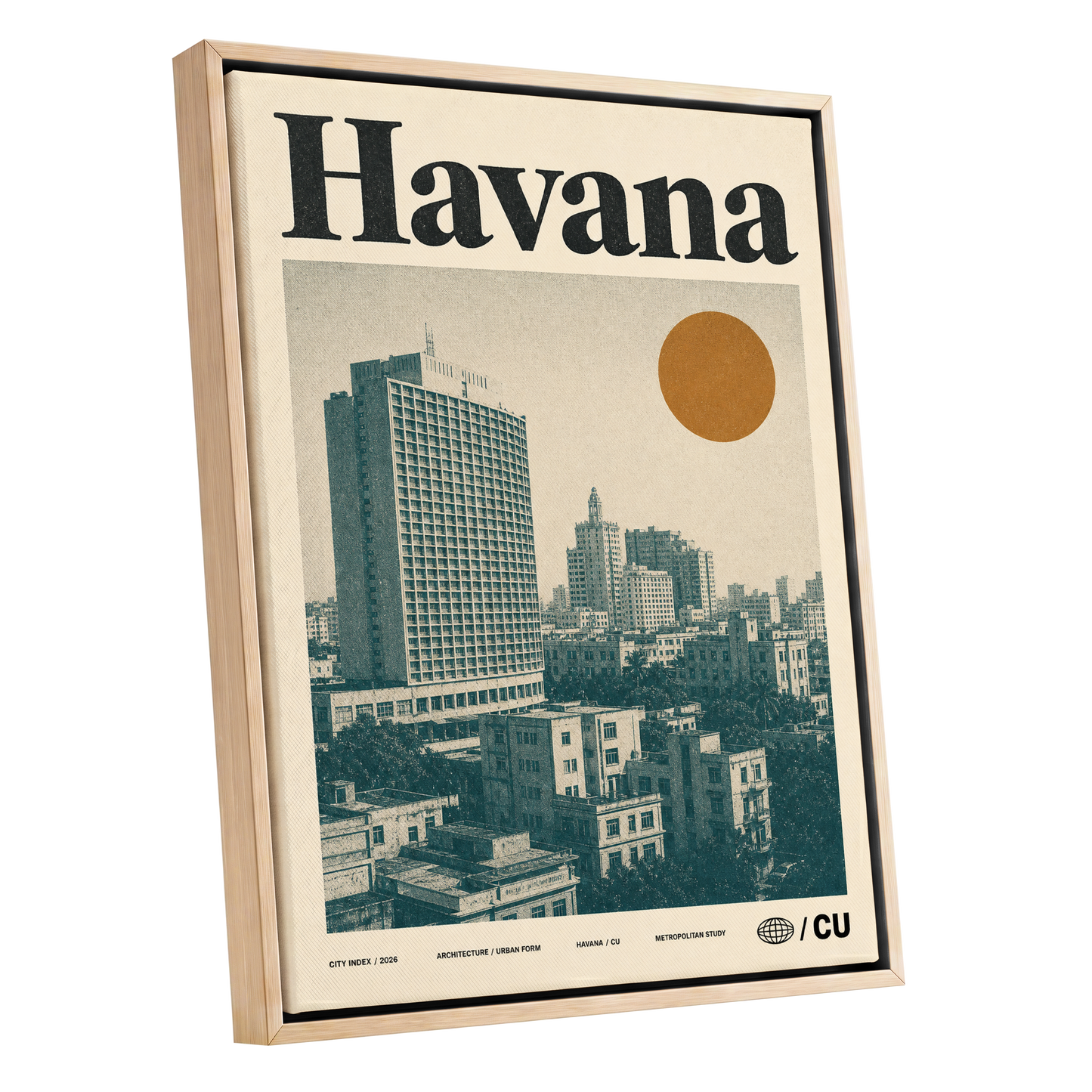 Havana Urban Sun, beige, gold, green minimalist wall art shown as a oak framed canvas wall art
