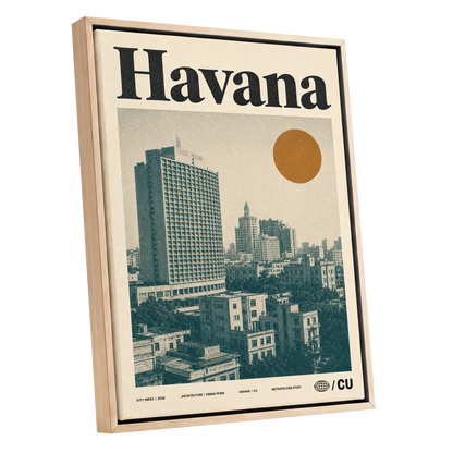 Havana Urban Sun, beige, gold, green minimalist wall art shown as a oak framed canvas wall art
