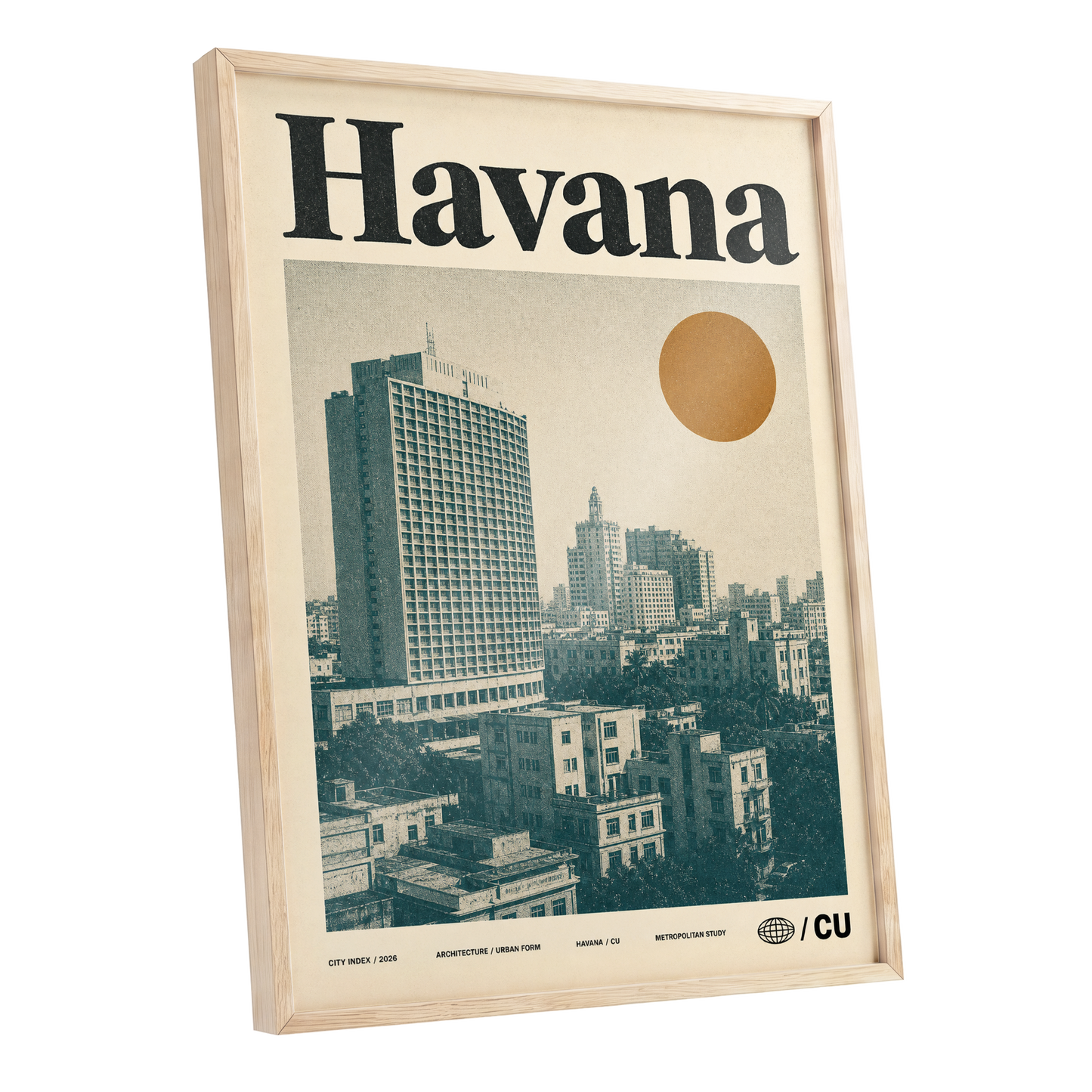 Havana Urban Sun, beige, gold, green minimalist wall art shown as a oak framed poster wall art print