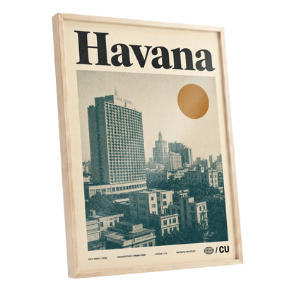 Havana Urban Sun, beige, gold, green minimalist wall art shown as a oak framed poster wall art print