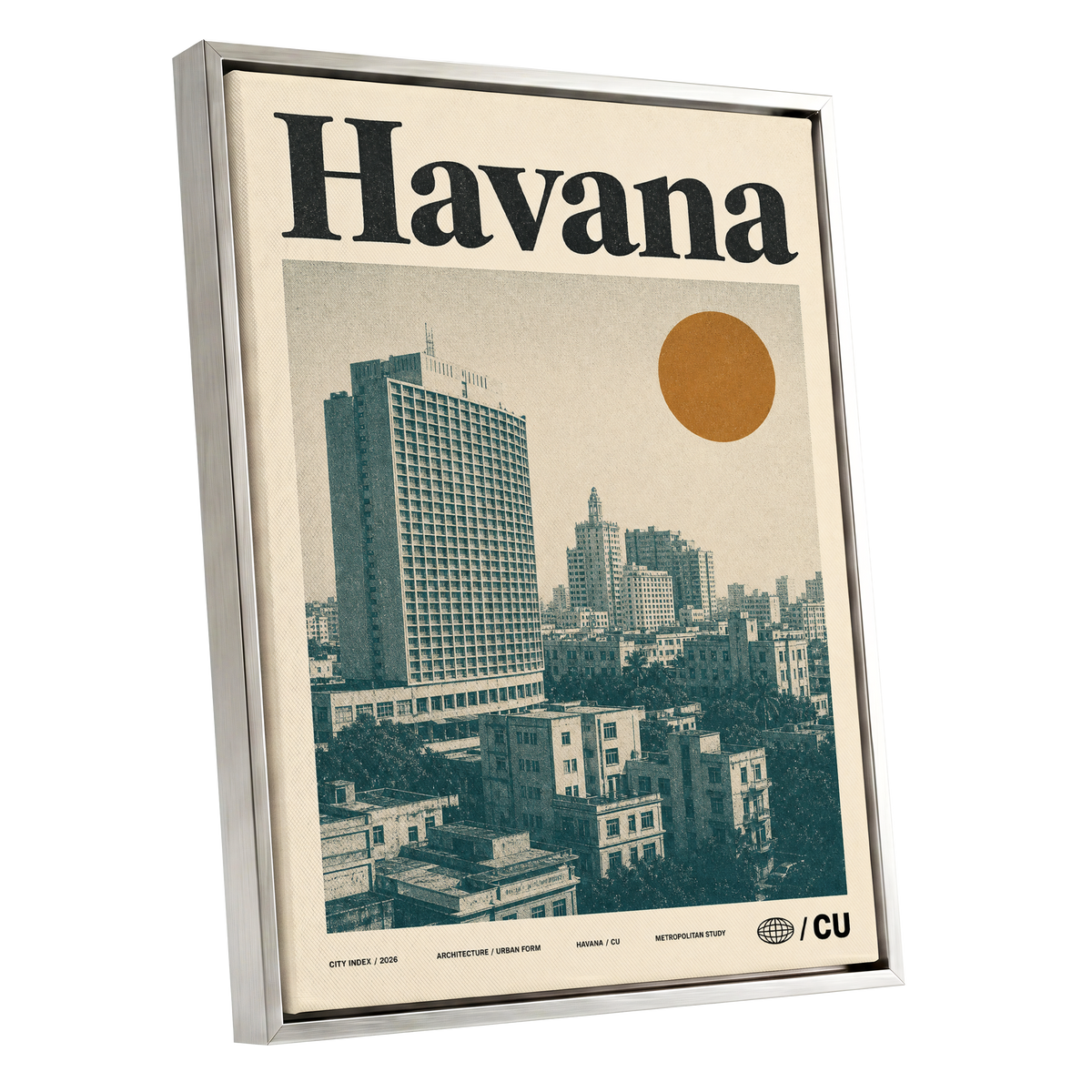 Havana Urban Sun, beige, gold, green minimalist wall art shown as a silver framed canvas wall art