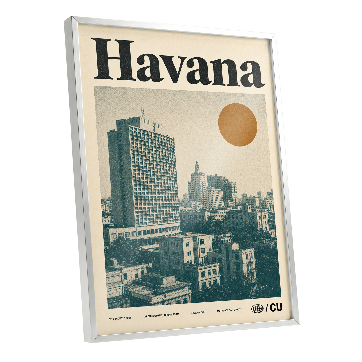 Havana Urban Sun, beige, gold, green minimalist wall art shown as a silver framed poster wall art print