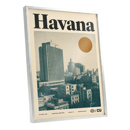 Havana Urban Sun, beige, gold, green minimalist wall art shown as a silver framed poster wall art print