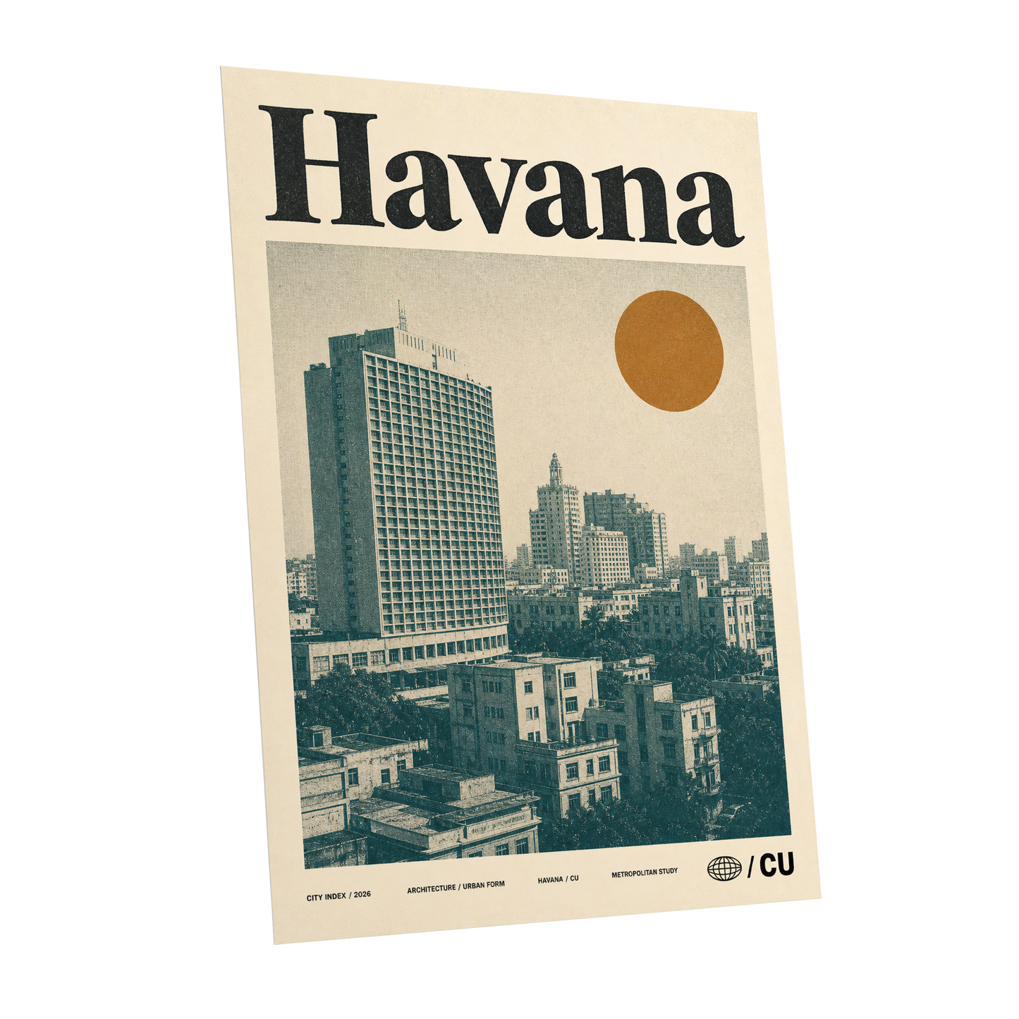 Havana Urban Sun, beige, gold, green minimalist wall art shown as a unframed poster wall art print