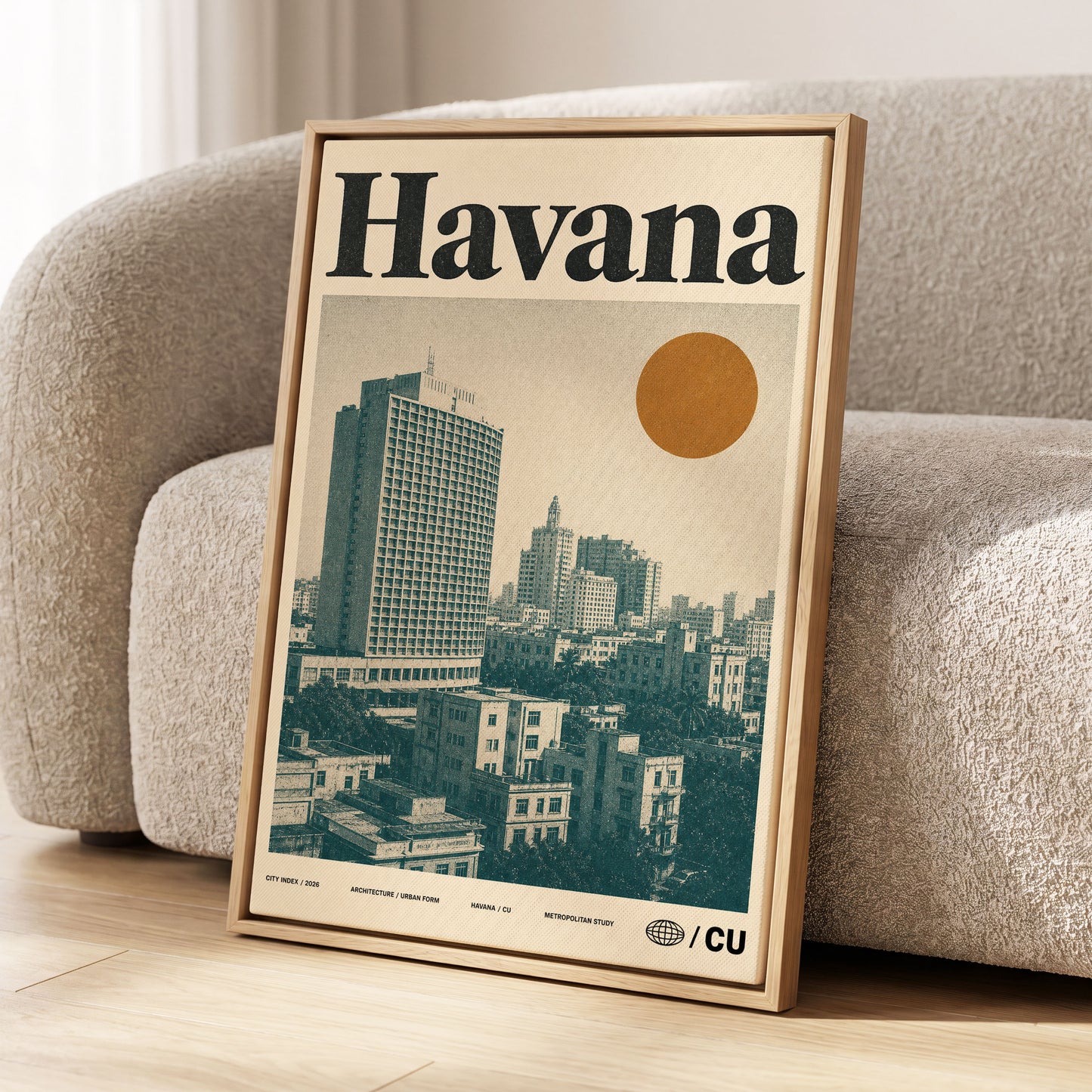 Havana Urban Sun, beige, gold, green minimalist wall art displayed in a styled interior, gallery view 1