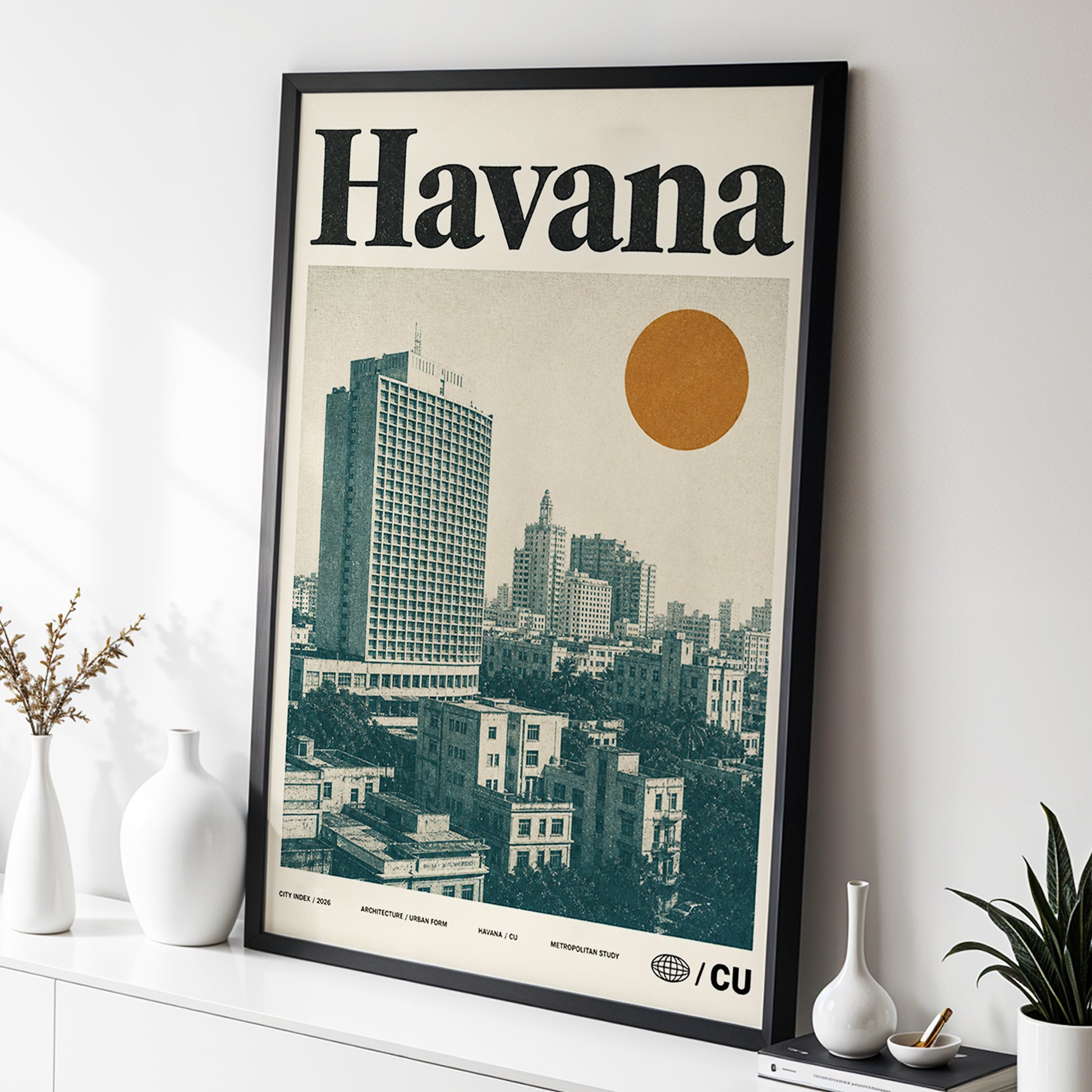 Havana Urban Sun, beige, gold, green minimalist wall art displayed in a styled interior, gallery view 2