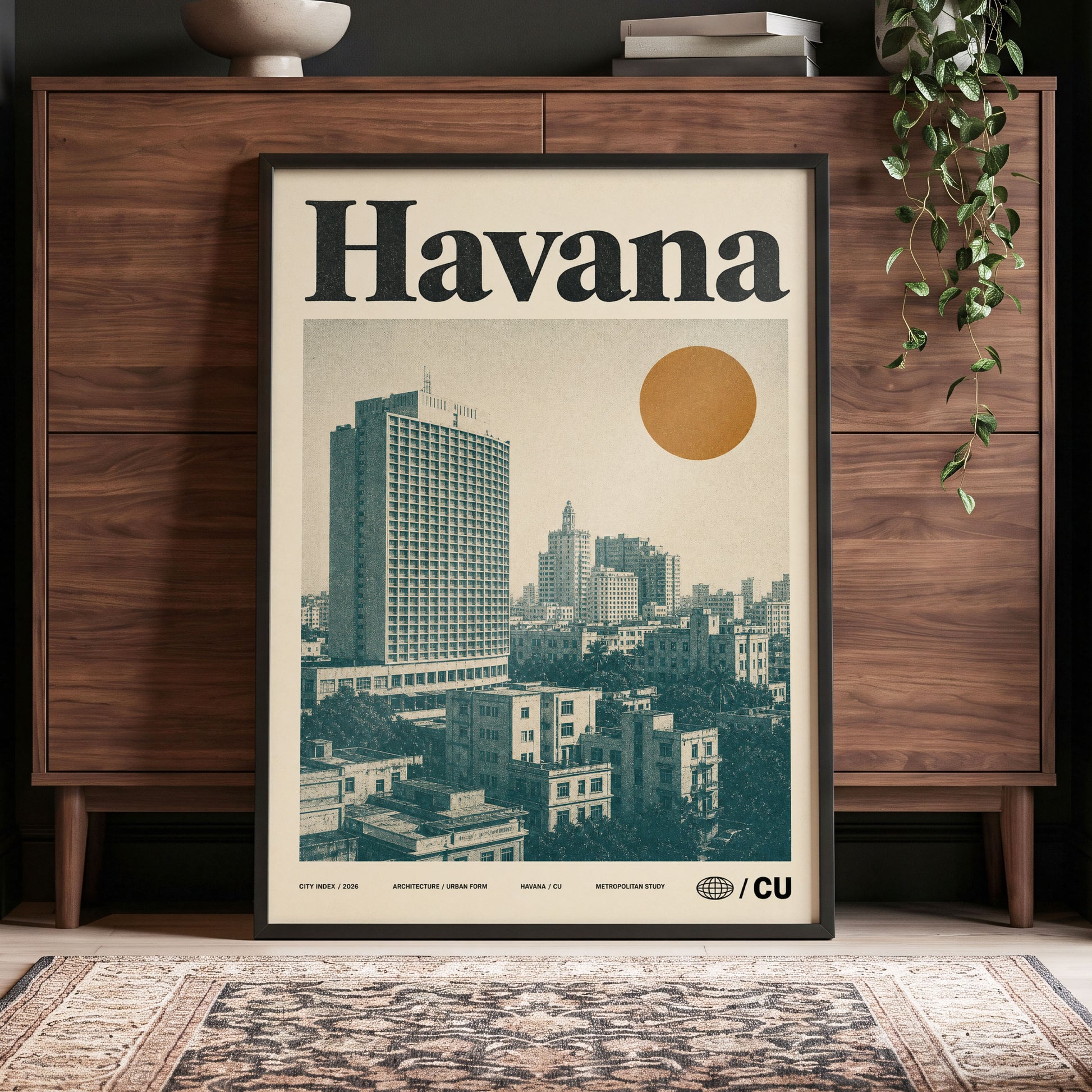 Havana Urban Sun, beige, gold, green minimalist wall art displayed in a styled interior, gallery view 4