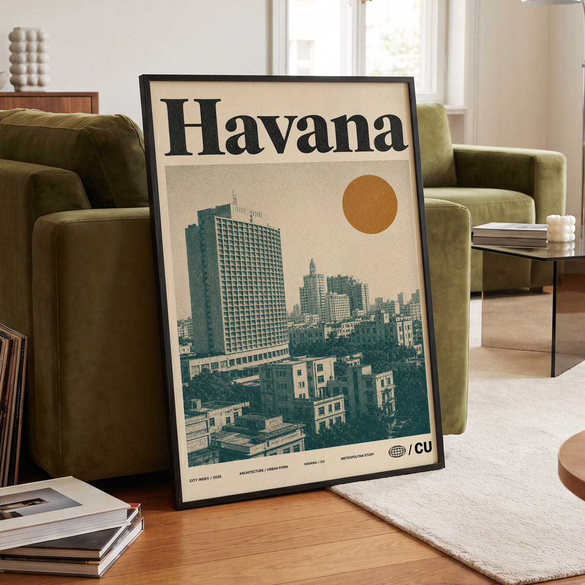 Havana Urban Sun, beige, gold, green minimalist wall art displayed in a styled interior, gallery view 6